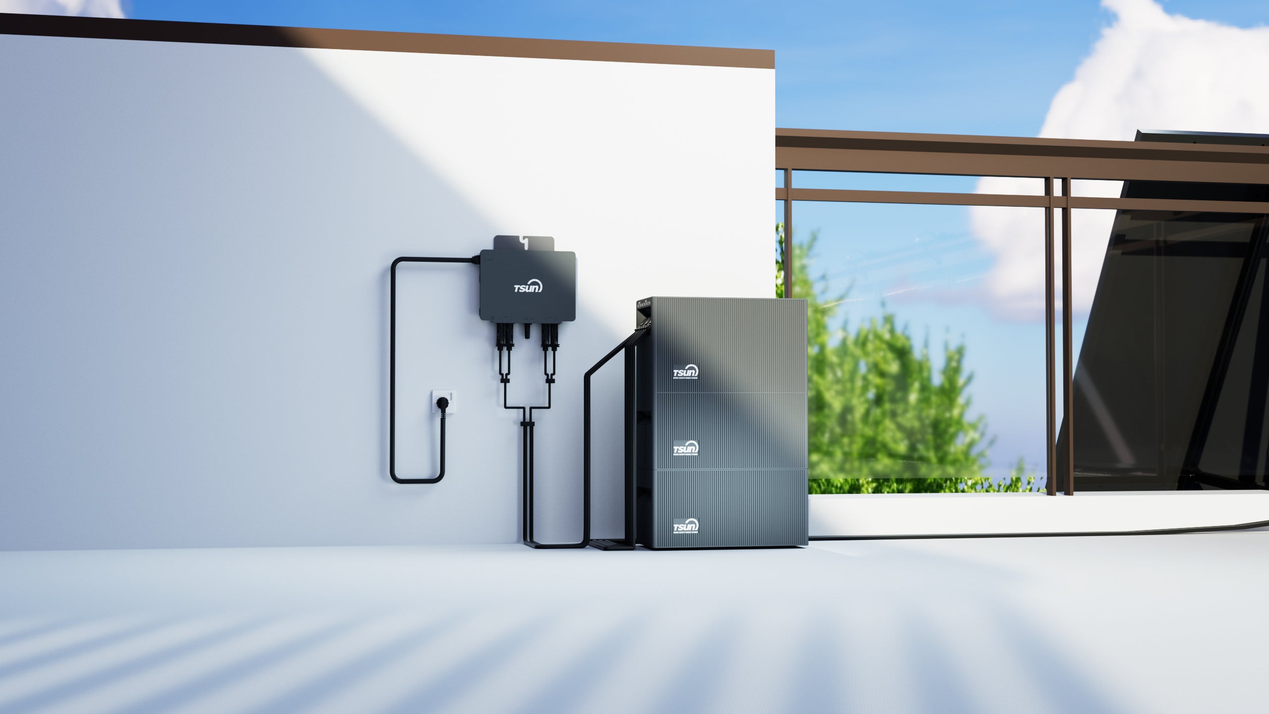 TSUN 官方场景效果图,包含完整 SolarCan、微逆和阳台光伏组件