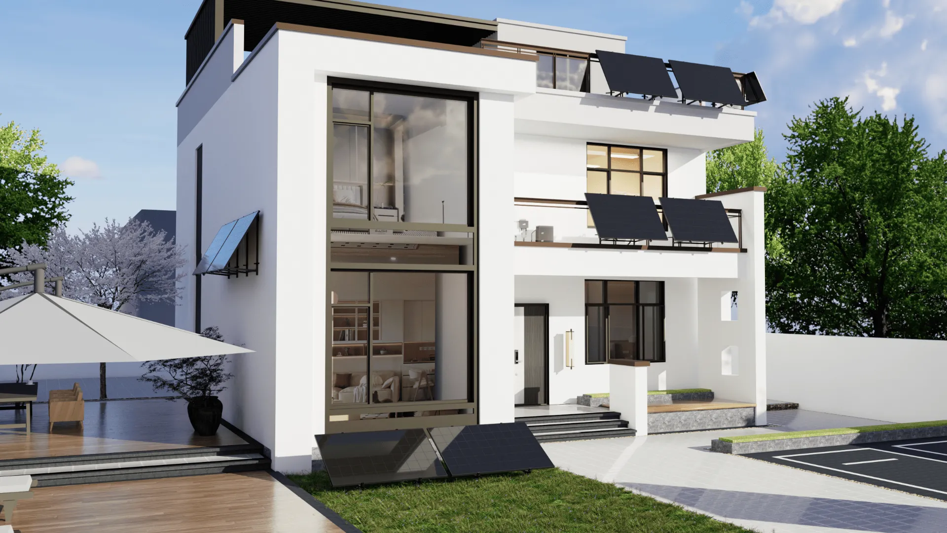 Easy Solar Kit an einer Wohnhausfassade · offizielle Anwendungsvisualisierung