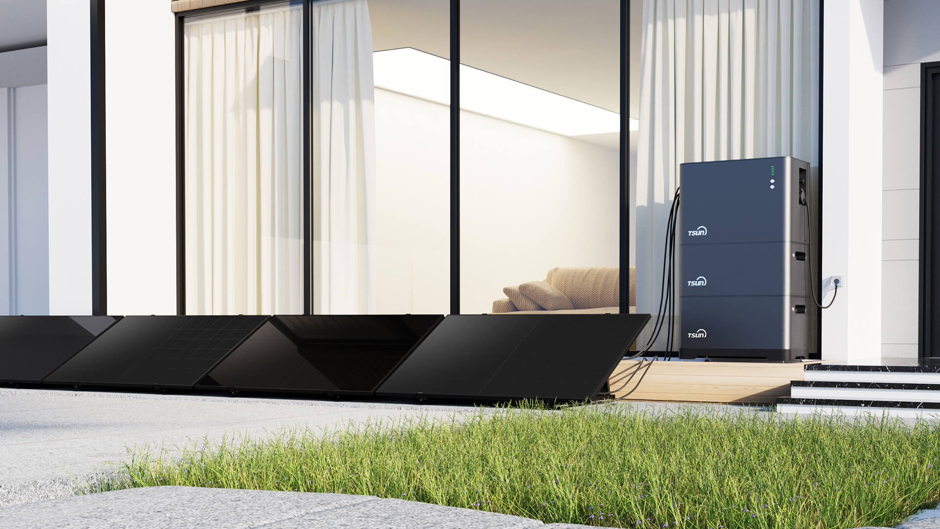 SolarTrunk im Gartenbereich eines Wohnhauses · offizielle TSUN-Anwendungsvisualisierung